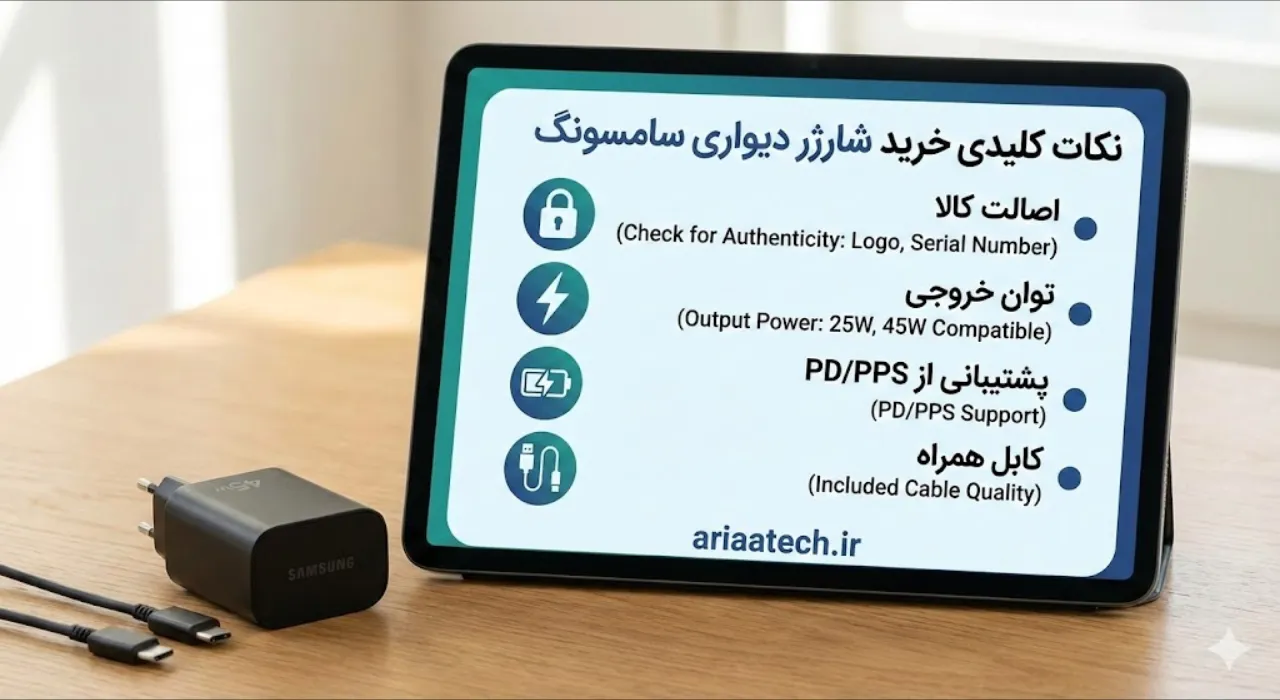 بررسی دقیق نوشته های روی شارژر ۲۵ وات سامسونگ برای اطمینان از اصالت کالا